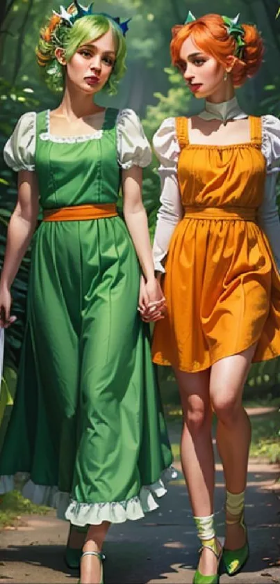 Two friends in colorful dresses walking in a lush green forest path.