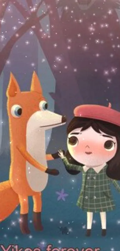 A whimsical illustration of a girl and fox in a starry forest.