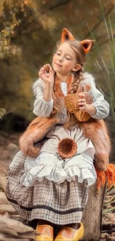 Girl in fox costume by a tranquil forest stream, surrounded by nature.