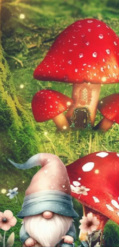 Whimsical gnome and red mushroom forest wallpaper.