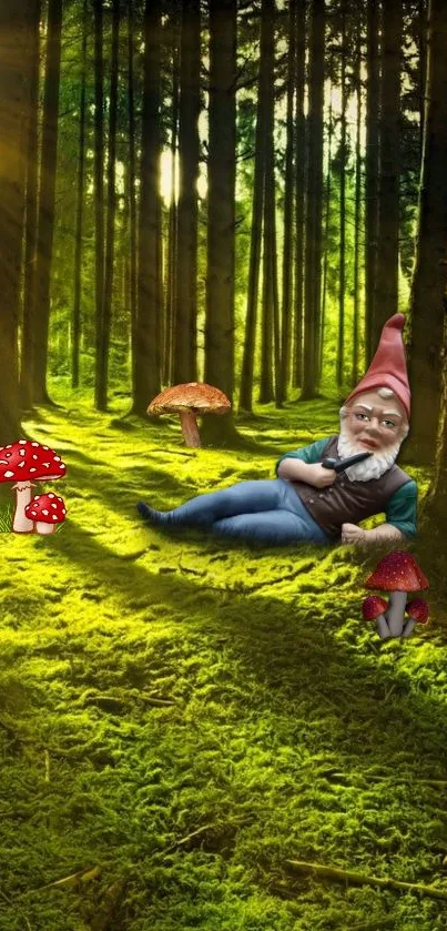 Gnome reclining in a vibrant forest with sunlight and toadstools.