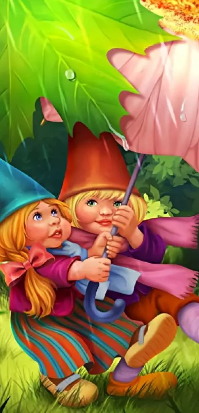 Whimsical gnomes under rain in a vibrant forest.