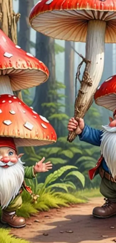 Cheerful gnomes with mushrooms in forest.