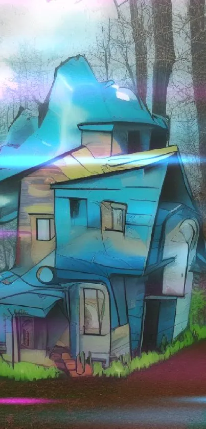 Blue whimsical house in a misty forest setting.