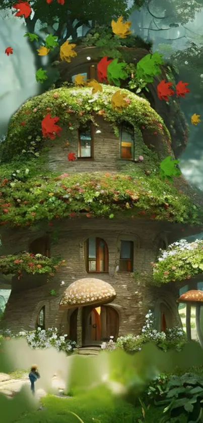 Enchanting mushroom-shaped house in a mystical forest with autumn leaves.