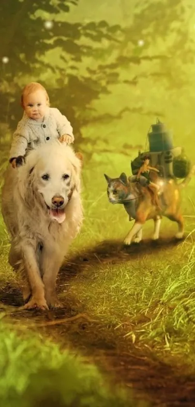 Baby riding a dog in a magical forest.