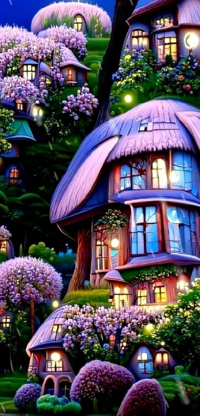 Whimsical forest village under a moonlit night sky with glowing lights.