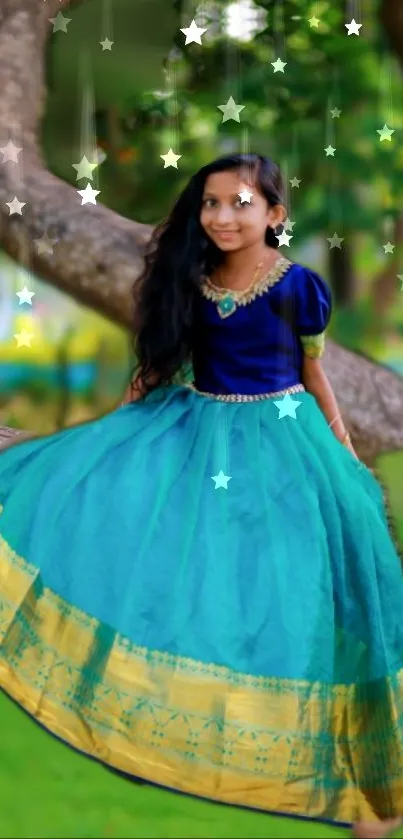 Girl in bright dress sitting on a tree in forest setting.