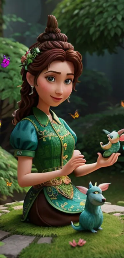 Animated princess in a lush forest with magical creatures and colorful butterflies.