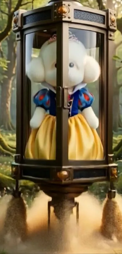 Whimsical stuffed toy in a fairytale forest.