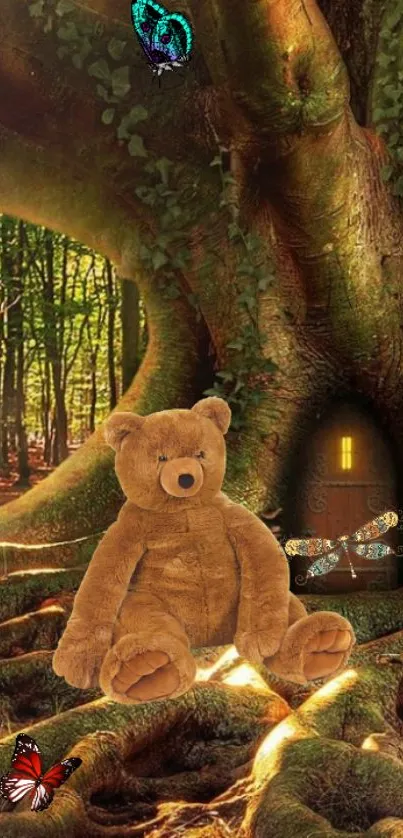 Teddy bear sits in a magical forest with butterflies and a mysterious tree door.