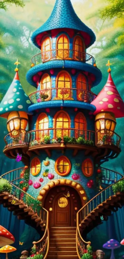 Whimsical fantasy tower in a colorful forest, vibrant wallpaper design.