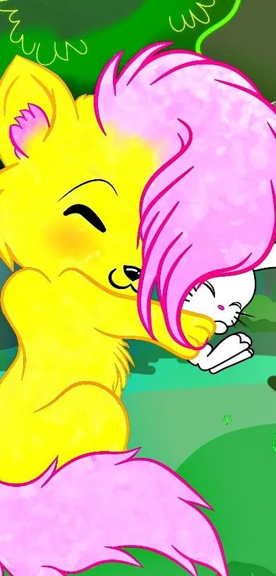 Cartoon fox with pink hair hugging a white bunny in a forest.