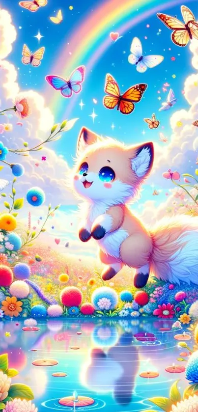 Cute fox with butterflies and flowers in a colorful scene.