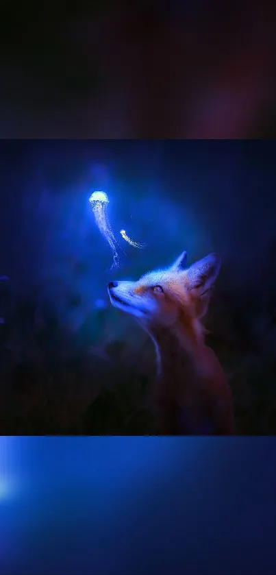 Fox looks at glowing blue jellyfish in a dark mystical forest setting.