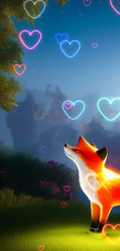 Whimsical fox with neon hearts in a magical landscape wallpaper.