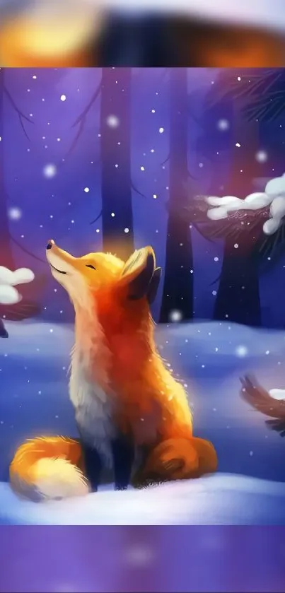 Whimsical fox enjoying snowfall in a serene winter forest.