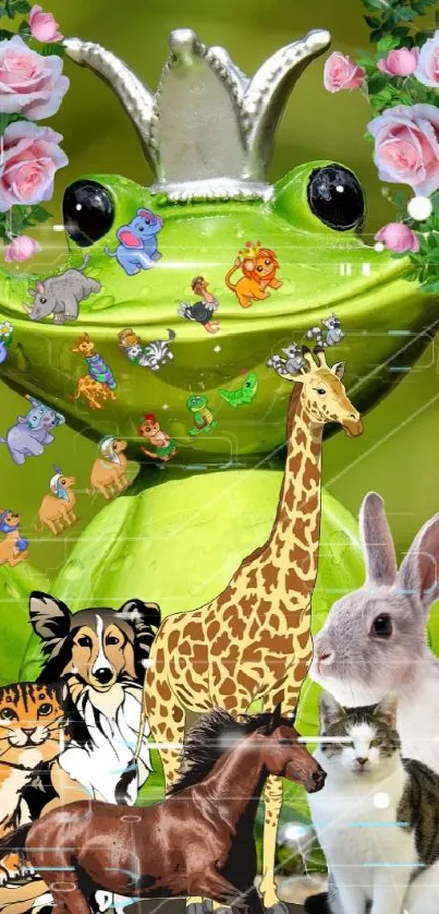 Frog with crown and animal friends in a green natural setting.