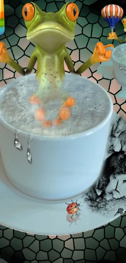 Whimsical frog in coffee cup with colorful elements and mosaic background.