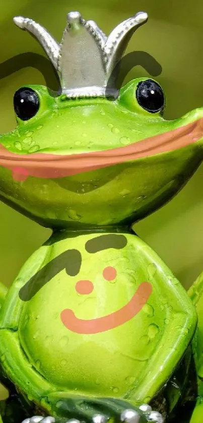 Whimsical frog prince with silver crown on a green background.