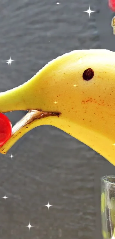 A whimsical dolphin crafted from a banana with a cherry in its mouth.