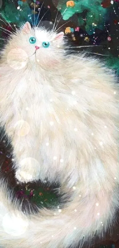 Fluffy white cat in a colorful cosmic art scene.