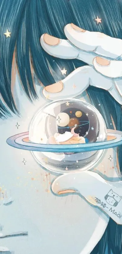 Whimsical galaxy art with planets and a dreamy illustration in a blue palette.