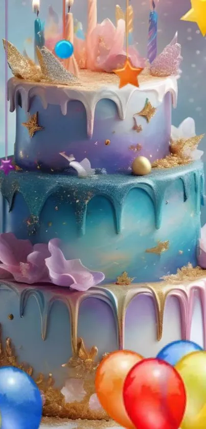 Whimsical galaxy-themed cake with stars and balloons.