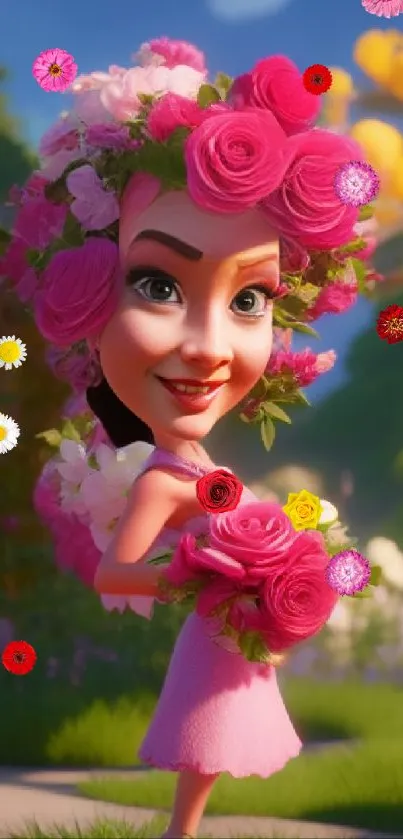 Whimsical character with pink flowers in a vibrant garden setting.