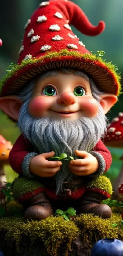 Charming garden gnome with red hat and mushrooms, perfect for fantasy enthusiasts.