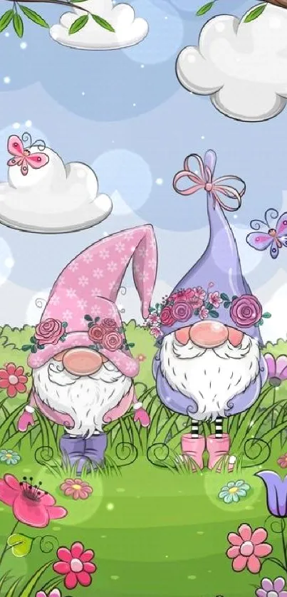 Whimsical gnomes and flowers in garden mobile wallpaper.