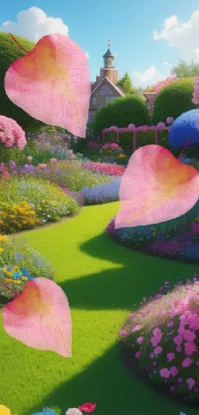 Whimsical garden with pink heart leaves and colorful flowers.