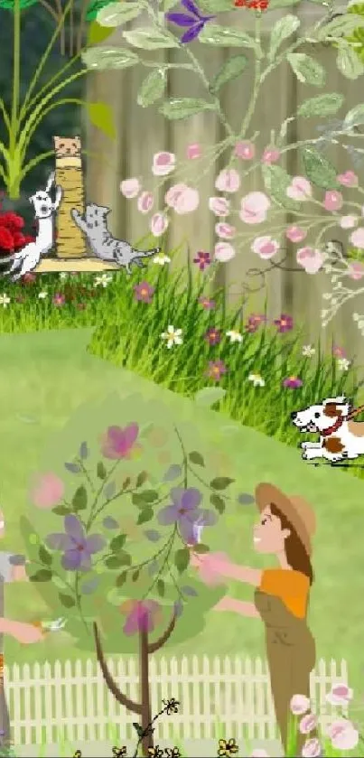 Whimsical wallpaper with gardeners and playful pets in a vibrant garden setting.