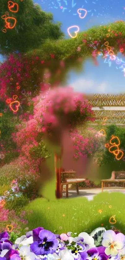 Whimsical garden with flowers and heart overlay