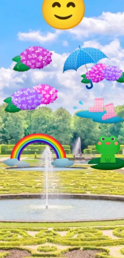 Whimsical garden wallpaper with emojis, flowers, and a rainbow.