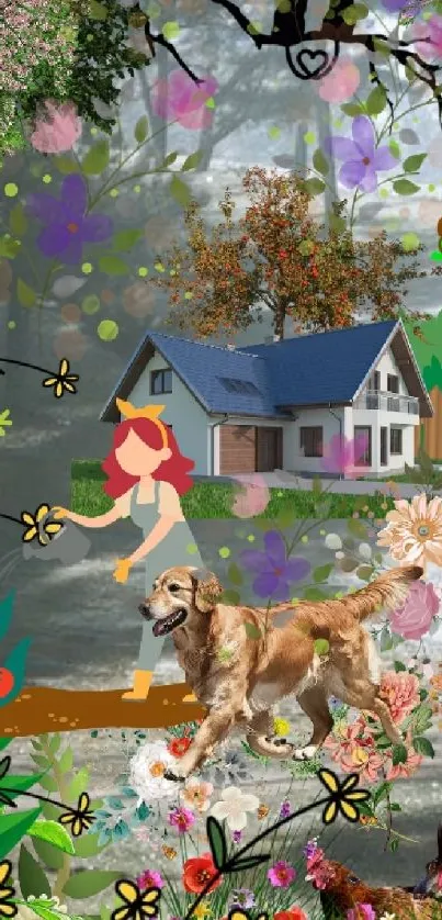 Whimsical scene with flowers, dog, and a house in a garden setting.