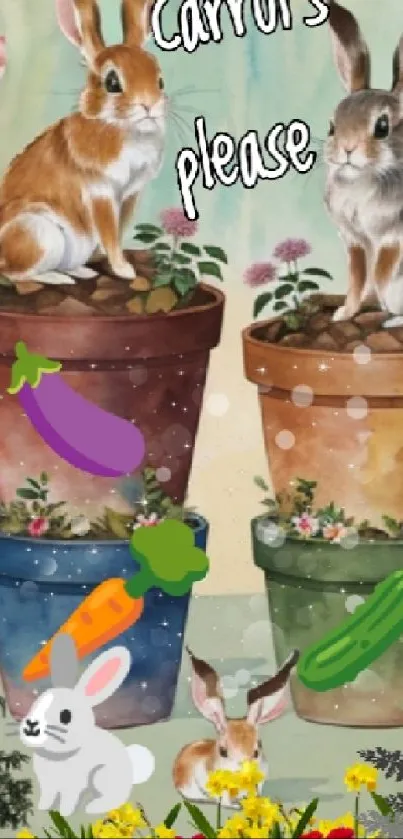 Cartoon rabbits in colorful flower pots, whimsical garden scene.