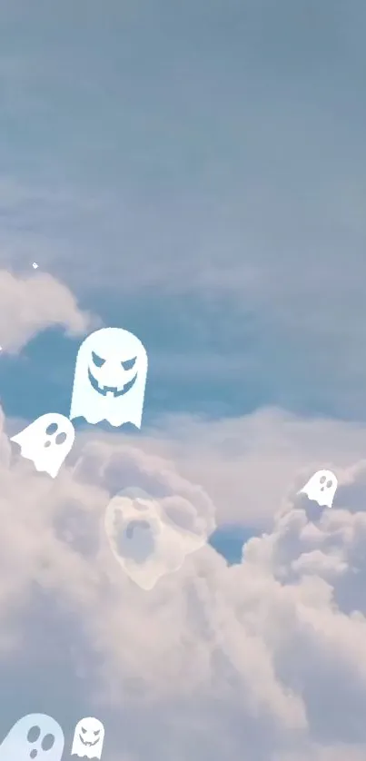 Mobile wallpaper of cute ghosts in a sky with fluffy clouds.