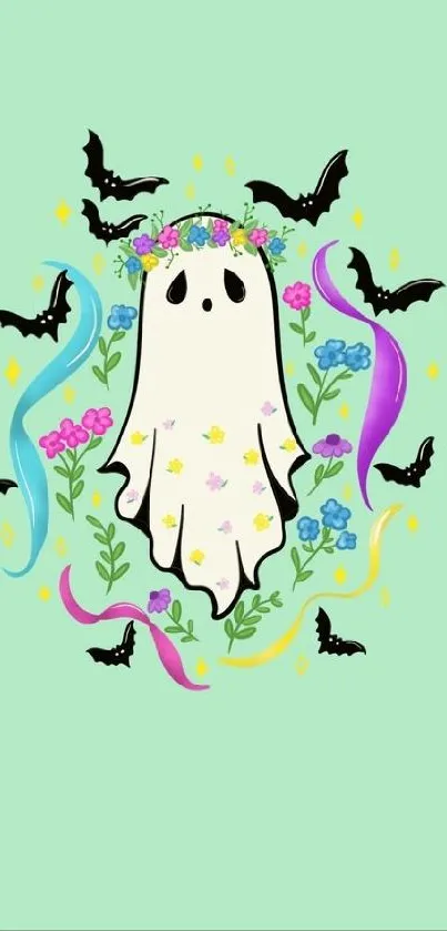 Whimsical ghost with flowers and bats on mint green background.