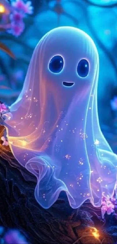 Cute glowing ghost in whimsical forest setting