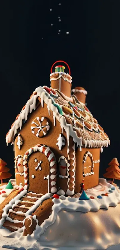 Gingerbread house with icing and candy in snow, festive wallpaper.