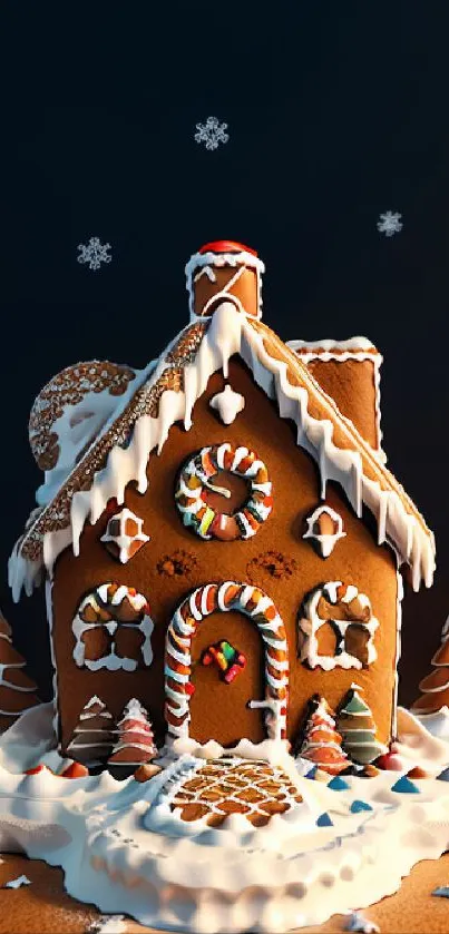 Whimsical gingerbread house with candy and icing on dark background.