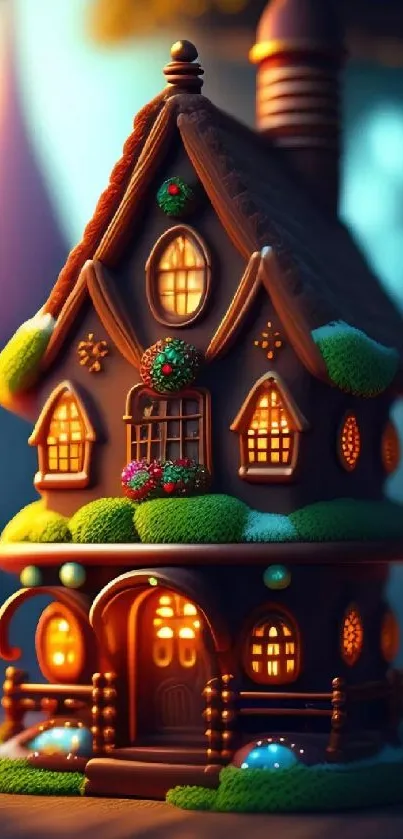 Whimsical gingerbread house illuminated in a fantasy forest setting.