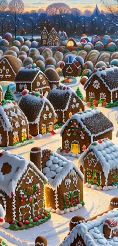 Gingerbread village with snow-covered houses at sunset.