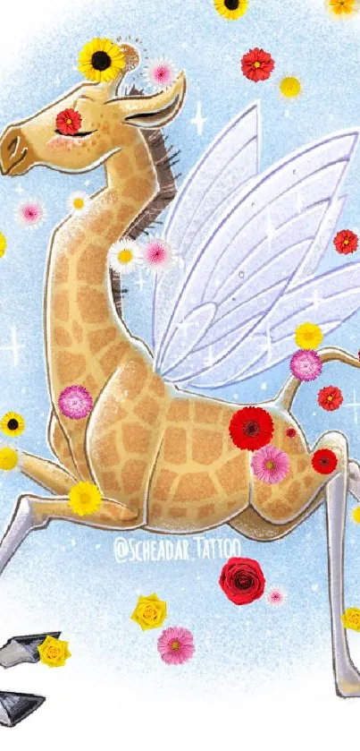 Whimsical giraffe with fairy wings on a blue backdrop.