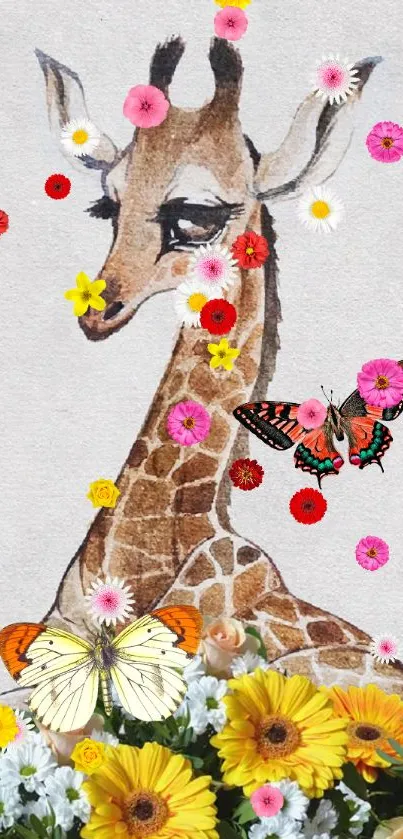 Whimsical giraffe surrounded by colorful flowers and butterflies in artistic design.