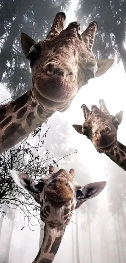 Three giraffes peek through a misty forest, creating a whimsical and surreal scene.