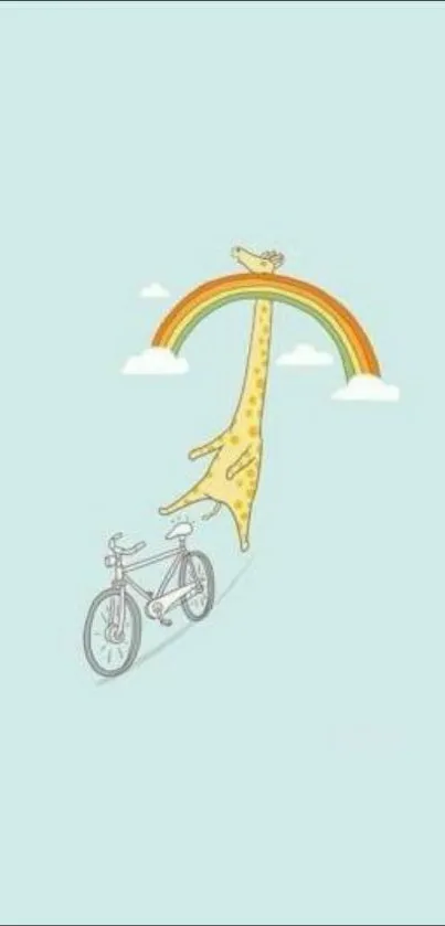 Whimsical giraffe under a rainbow on a light blue background, cute phone wallpaper.