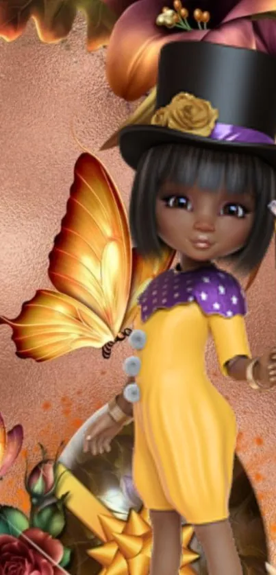 Whimsical girl with butterfly in vibrant fantasy art wallpaper.