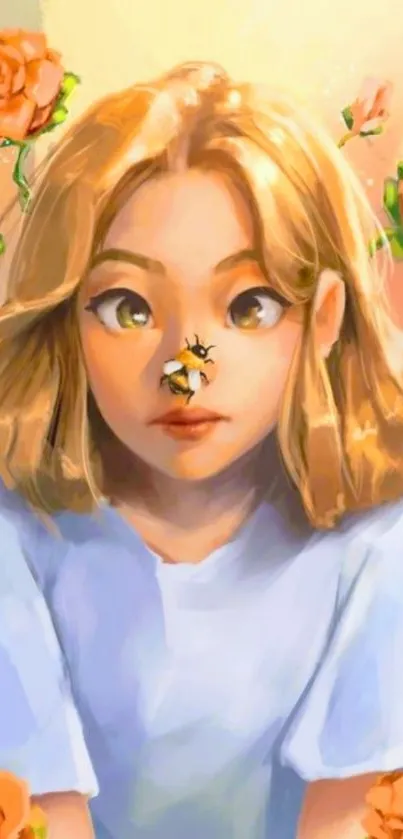 Whimsical illustration of a girl surrounded by orange flowers with a bee on her nose.